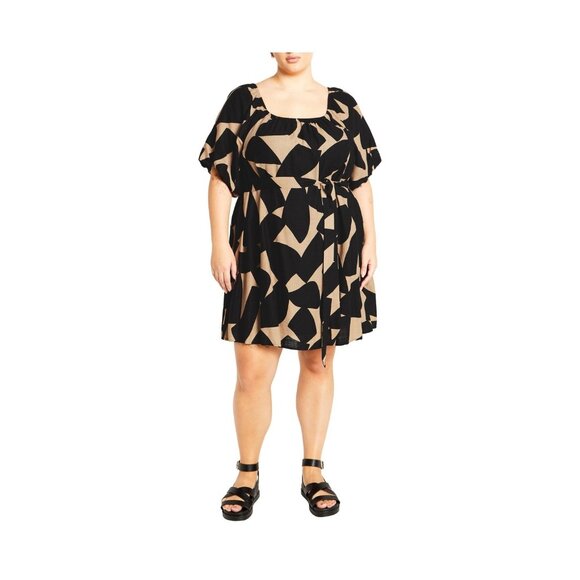 Dress Uptown Mini Black & Beige Abstract Print Short Sleeve City Chic - Picture 2 of 7